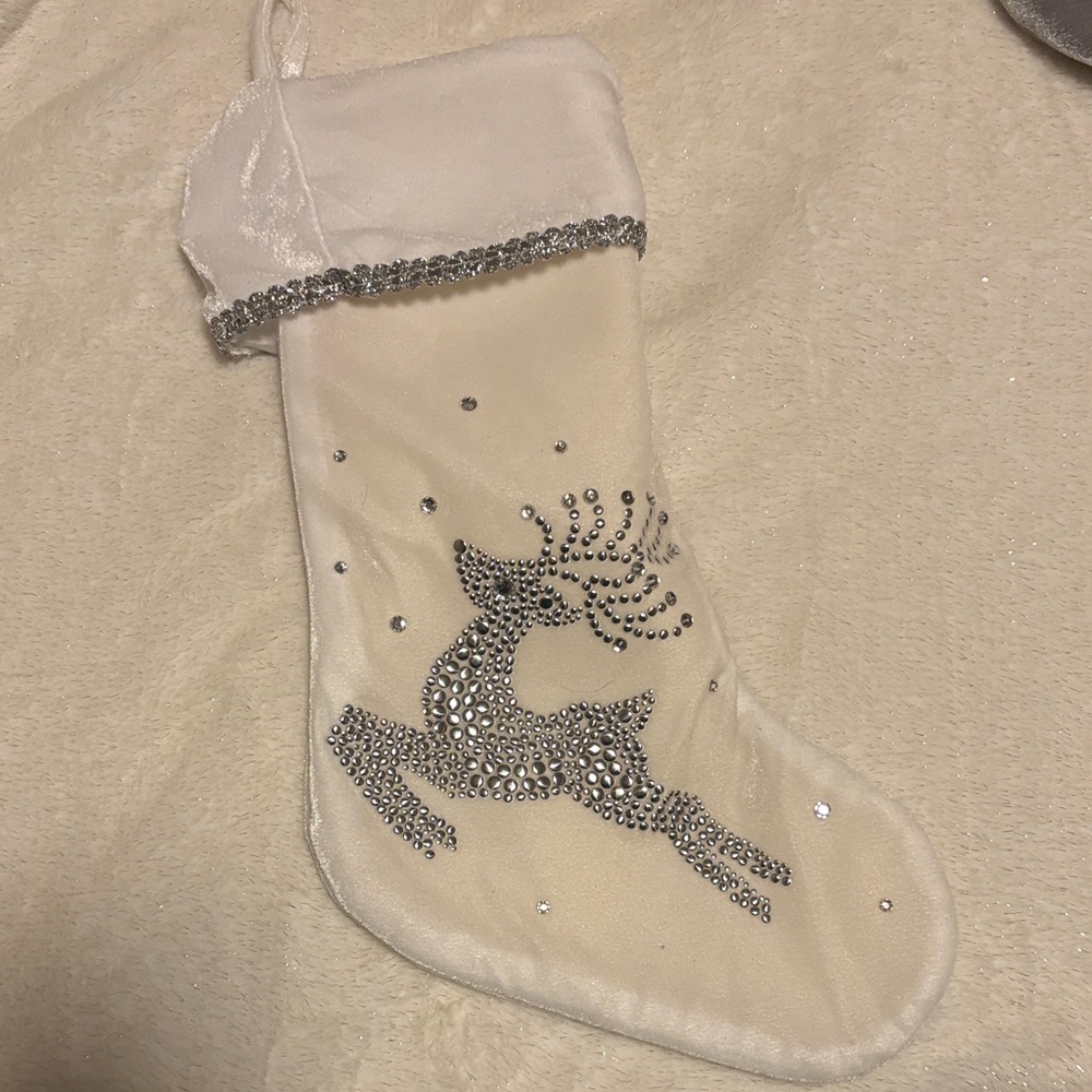 Elegant Cream and Silver Reindeer Stocking